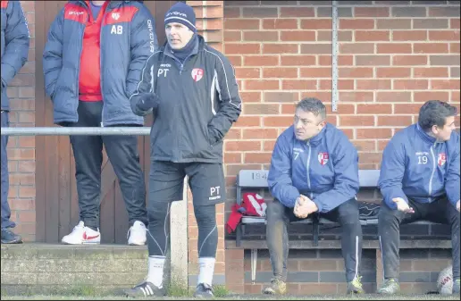  ?? Picture: Matthew Buchan ?? Hinckley AFC’s bench during their game against Bromsgrove which they lost 2-1.