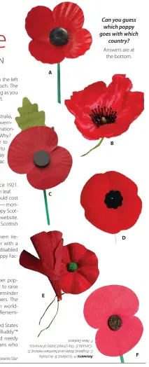  ?? ?? E A C
Can you guess which poppy goes with which country? Answers are at the bottom. B D F