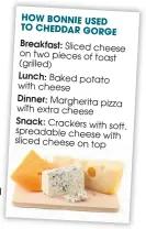  ??  ?? HoW BonnIE USED To cHEDDAR GoRGE Breakfast:
Lunch:
Dinner:
Snack: