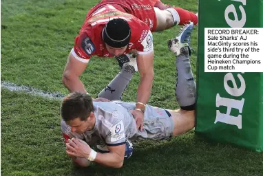  ??  ?? RECORD BREAKER: Sale Sharks’ AJ MacGinty scores his side’s third try of the game during the Heineken Champions Cup match