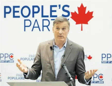  ?? GRAHAM HUGHES / THE CANADIAN PRESS ?? People’s Party of Canada Leader Maxime Bernier might say he thinks climate change is real but has expressed no measures to deal with it, writes the Post’s Andrew Coyne.