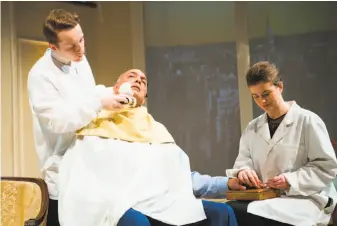  ?? Jessica Palopoli / San Francisco Playhouse photos ?? A barber (Casey Robert Spiegel) shaves Harry Brock (Michael Torres) as a manicurist (Melissa Quine) touches up his fingernail­s in San Francisco Playhouse’s “Born Yesterday.”