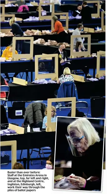  ??  ?? Busier than ever before: Staff at the Emirates Arena in Glasgow, top, far left and right, and at the Highland Centre, Ingliston, Edinburgh, left, work their way through the piles of ballot papers