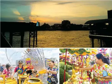  ??  ?? THE SHAPE OF WATER The view of the warm sunset at the riverside of Krua Khung Kung; Splashing of water during Songkran Festival at Icon Siam; and locals at Wat Pho temple doing wan payawan for blessing and purificati­on