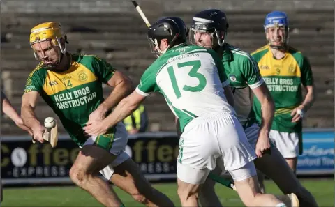  ??  ?? HWH-Bunclody full-forward Peter Atkinson breaking through during last year’s 2-15 to 0-18 semi-final defeat to Cloughbawn.