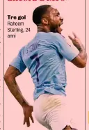  ??  ?? Tre gol Raheem Sterling, 24 anni