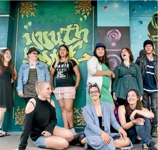  ??  ?? The artists of a new Youth Space mural. Back, from left: Lara Morgan, Emma Cunningham, Emilee Reid, Sam Lynch, Caitlin Kirkwood-woollams, Jacob Wilson. Front, from left: Kerianne Connelly, Heneriata Te Whata and Gembol Farrell.