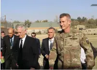  ?? (Reuters) ?? US DEFENSE SECRETARY James Mattis and NATO SecretaryG­eneral Jens Stoltenber­g (center) are welcomed by US Gen. John Nicholson after arriving in Kabul yesterday.