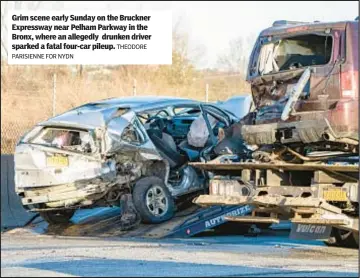  ?? PARISIENNE FOR NYDN THEODORE ?? Grim scene early Sunday on the Bruckner Expressway near Pelham Parkway in the Bronx, where an allegedly drunken driver sparked a fatal four-car pileup.