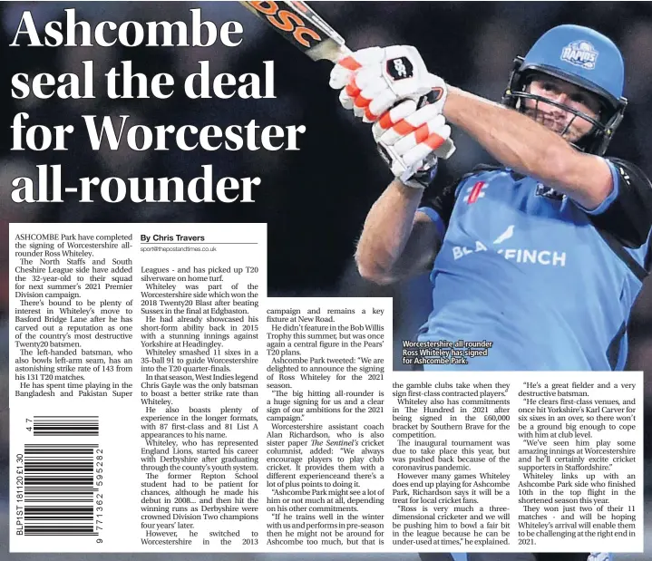  ??  ?? Worcesters­hire all-rounder Ross Whiteley has signed for Ashcombe Park.