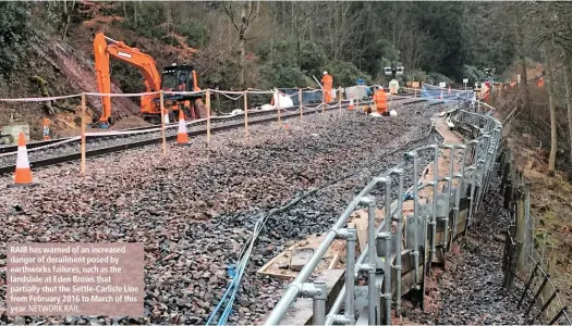  ?? NETWORK RAIL. ?? RAIB has warned of an increased danger of derailment posed by earthworks failures, such as the landslide at Eden Brows that partially shut the Settle-Carlisle Line from February 2016 to March of this year.