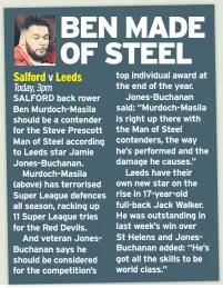  ??  ?? SALFORD back rower Ben Murdoch-Masila should be a contender for the Steve Prescott Man of Steel according to Leeds star Jamie Jones-Buchanan.
Murdoch-Masila (above) has terrorised Super League defences all season, racking up 11 Super League tries for...