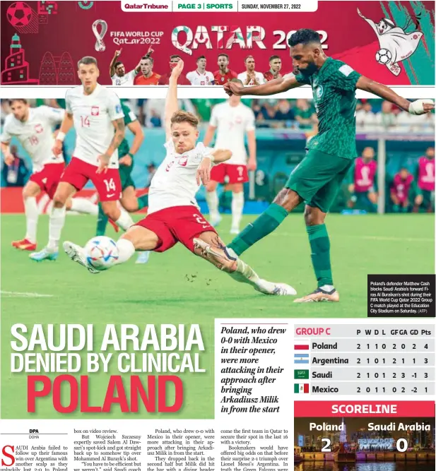  ?? (AFP) ?? Poland’s defender Matthew Cash blocks Saudi Arabia’s forward Firas Al Buraikan’s shot during their FIFA World Cup Qatar 2022 Group C match played at the Education City Stadium on Saturday.