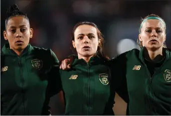  ??  ?? Rianna Jarrett with Aine O’Gorman and Ruesha Littlejohn before the win against Greece in Tallaght.