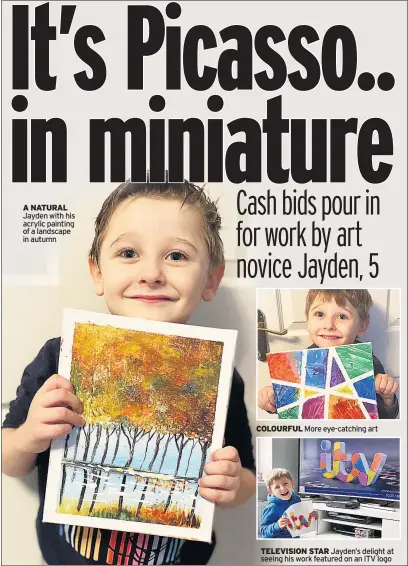  ??  ?? A NATURAL Jayden with his acrylic painting of a landscape in autumn
COLOURFUL More eye-catching art