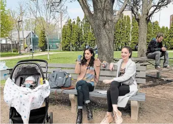  ?? ?? In a scene filmed at the HAAA Grounds, Astrid (Meaghan Rath) tries to bond with another mother (guest star Anna Kopkins), while James (Aaron Abrams) works on his fantasy baseball draft. The episode is called “Friends.”