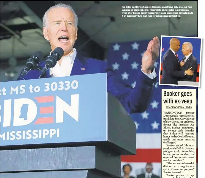  ?? ROGELIO V. SOLIS/AP ?? Joe Biden and Bernie Sanders (opposite page) have only also-ran Tulsi Gabbard as competitio­n for major slate of delegates in primaries a week after Biden’s Super Tuesday spree and Democratic pullouts made it an essentiall­y two-man race for presidenti­al nomination.