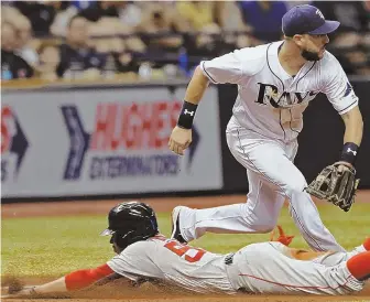  ?? AP PHOTO ?? SAFE! Mookie Betts slides past Rays third baseman Trevor Plouffe during the sixth inning of last night’s game in St. Petersburg, Fla.