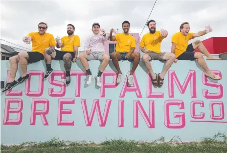  ?? Picture: GLENN HAMPSON ?? Lost Palms Brewery members Chris Smith (head brewer) owners Jarrod Blanning, James Hillsdon, Olivier Ragoo, Jayden Kenna and sales rep Zak Nalder are looking to give back to the community.