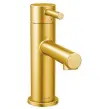  ??  ?? Brushed gold bath faucets give serious style-bling to a plain bathroom. Align One-handle High Arc Bath Faucet from Moen.ca