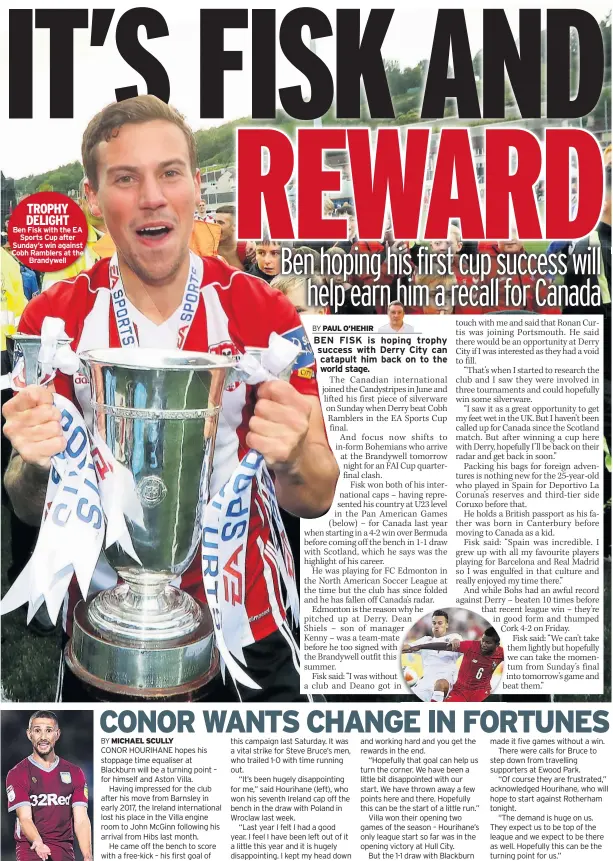  ??  ?? TROPHY DELIGHTBen Fisk with the EA Sports Cup after Sunday’s win against Cobh Ramblers at the Brandywell