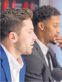  ?? PHIL LONG/ASSOCIATED PRESS ?? Browns QB Baker Mayfield, left, shown with fellow first-round Cleveland choice Denzel Ward, reportedly could have been a Patriot had he not been picked first in the selection process.