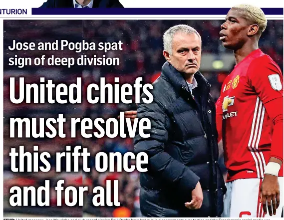  ??  ?? FEUD: United manager Jose Mourinho and club record signing Paul Pogba have had public disagreeme­nts over tactics and the Frenchman’s social media use