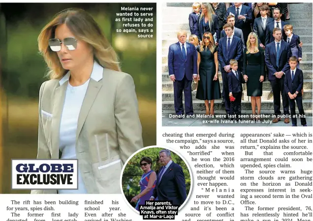  ?? ?? Melania never wanted to serve as first lady and refuses to do so again, says a source
Donald and Melania were last seen together in public at his ex-wife Ivana’s funeral in July
Her parents,
Amalija and Viktor Knavs, often stay at Mar-a-Lago