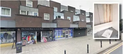  ?? Google streetview ?? ●●Shop owners have complained about a persistent drip from flats above Romiley Precinct which is causing damage to their businesses (inset)