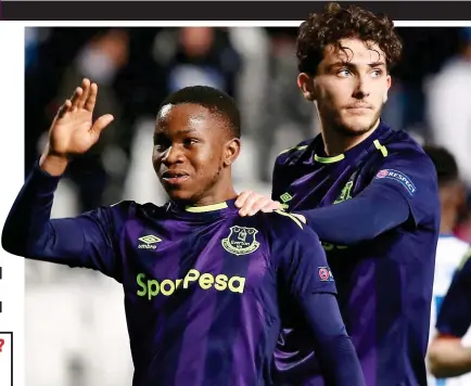  ??  ?? Purple patch: Lookman celebrates his first goal with fellow Everton youngster Fraser Hornby AFP