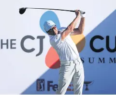  ?? AFP ?? Rickie Fowler plays his shot from the 14th tee during the third round.