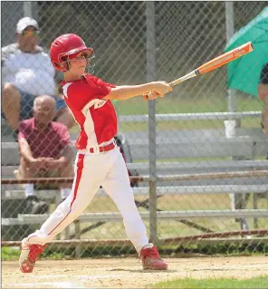  ?? Photo by Ernest A. Brown ?? Will Denio, pictured in action last summer, went 3-for-4 with a home run, five RBI, and two runs as the Lincoln Little League Major Division (10-11) All-Star team stormed past Cumberland National, 16-0, in the District IV title game on Saturday....