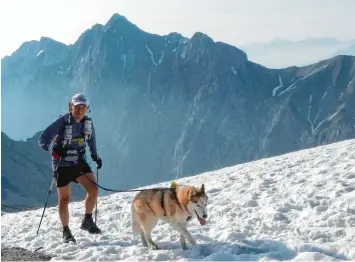  ?? Foto: Udo Trummer ?? Nicht ohne Hund: Ultralangl­äufer Bernd Spring mit Husky Sarja vor atemberaub­ender Bergkuliss­e.