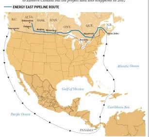  ?? GIGI SUHANIC / NATIONAL POST ?? SOURCE: TC ENERGY CORP., FINANCIAL POST Irving Oil has received the go ahead to ship Alberta crude to its New Brunswick refineries from Vancouver to Saint John via the Panama Canal. The scrapped west-to-east Energy East pipeline was the proposed solution to getting western oil
to Eastern Canada but the project idea was scuppered in 2017