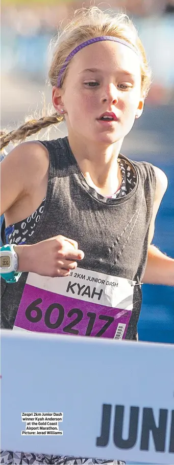  ?? ?? Zespri 2km Junior Dash winner Kyah Anderson at the Gold Coast Airport Marathon. Picture: Jerad Williams