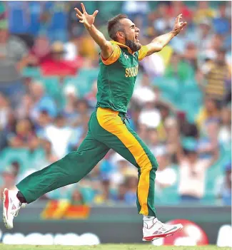  ?? PICTURE: GETTY IMAGES ?? ELATED: Imran Tahir of South Africa celebrates dismissing Thisara Perera of Sri Lanka during their Cricket World Cup quarter-final at the SCG in Sydney, Australia, yesterday.