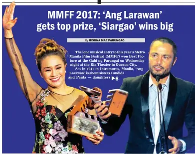  ?? (Manny Llanes) ?? ACTING AWARDEES – Derek Ramsay celebrates his win as best actor for his performanc­e in 'All of You' with Joanna Ampil, who wins best actress for her role in the musical 'Larawan.' The Metro Manila Film Festival 2017 awards night was held at the Kia...