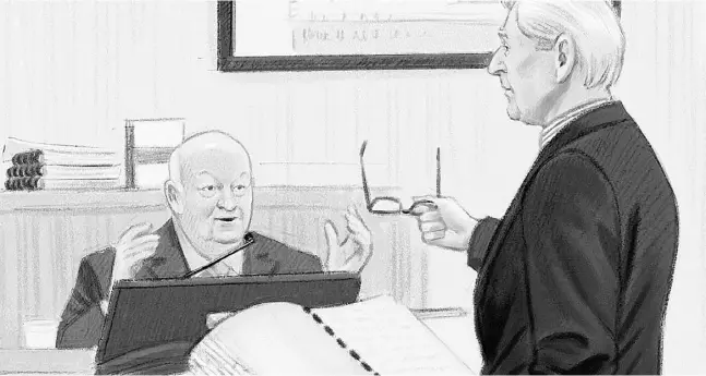  ?? Greg Banning
/ THE CANADIAN PRESS ?? In this sketch, Sen. Mike Duffy, left, responds to defence lawyer Donald Bayne at his trial Monday in Ottawa.