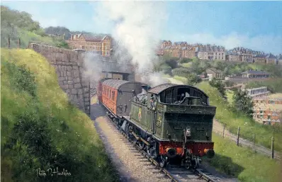  ?? ?? Heading for the main line: Philip Hawkins’ painting of GWR 2-6-2T No. 4570 was one of more than 20 works of art sold during the Guild of Railway Artists’ spring exhibition. His caption to the painting reads: “A beautiful day in St. Ives, Cornwall, during the summer of 1958 sees GWR No. 4570 heading a train out of the sunny resort to join the main line at St. Erth. Steam officially ended on this branch in September 1961 but the line remains open and busier than ever, relieving, as it does to a great extent, the dire road traffic problem in the narrow streets of the lovely town of St. Ives.”