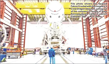  ??  ?? File photo shows the SpaceX Falcon 9 rocket with the company’s Crew Dragon attached, rolling out of the company’s hangar at Nasa Kennedy Space Center’s Launch Complex 39A. — AFP photo