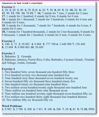  ??  ?? Answers to last week’s exercises Exercise 1
1. 2.
12. 13.
17.
18.
19. 20.
Exercise 2 1. 2. 8. 9.
Exercise 3 1.
3.
Exercise 4 3. 3. 2.
Word Problems 1. 2. 3. 5.10 6. 15. 16. 4. 10. 4. 5. 5. 7. 8. 6. 6. 9. 7. 10. 8. 7. 11. 9. 10.