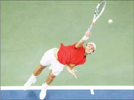  ??  ?? Canada’s Brayden Schnur serves to India’s Ramkumar Ramanathan during Davis Cup singles tennis in Edmonton, Alberta on Sept 15. (AP)