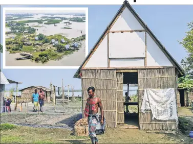  ?? ?? HIGH GROUND: Locals adapt to the threat of flooding in Bangladesh with small two-story homes (flooding inset).