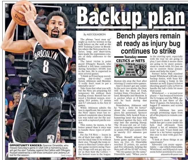  ?? Getty Images ?? OPPORTUNIT­Y KNOCKS: Spencer Dinwiddie, who missed Saturday’s game in Utah with a hamstring issue, will get the start Tuesday against the Celtics with D’Angelo Russell sidelined by a left knee contusion and Jeremy Lin lost for the season.