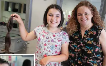  ??  ?? Niamh Farrell (10) from Arklow with hairdresse­r Benita Kavanagh and the hair she had chopped off to help the Rapunzel Foundation. LEFT: Niamh before getting the chop.