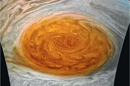  ??  ?? This enhanced-colour image of Jupiter’s Great Red Spot was created by citizen scientist Jason Major, using data from the Junocam imager on Nasa’s Juno space probe.