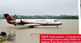  ??  ?? ABOVE: Going nowhere – a stranded aircraft at Biratnagar airport in Nepal. RIGHT: An elephant of the Assam forest in India transports locals through the floodwater­s.