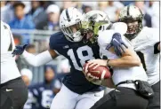  ?? BARRY REEGER — THE ASSOCIATED PRESS ?? Penn State defensive end Shaka Toney (18) sacks Purdue quarterbac­k Jack Plummer (13) in the first quarter of an NCAA college football game in State College, Pa., on Saturday, Oct. 5, 2019.