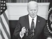  ?? OLIVER CONTRERAS/POOL TNS ?? President Joe Biden talks to news media at the White House on Feb. 18, 2022, in Washington, DC.