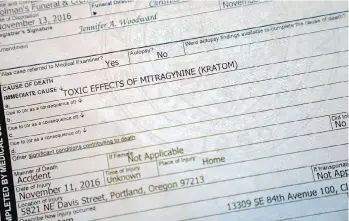  ??  ?? Danny Teichman’s death certificat­e states that he died from mitragynin­e toxicity in November 2016. Mitragynin­e is one of the active ingredient­s in kratom.